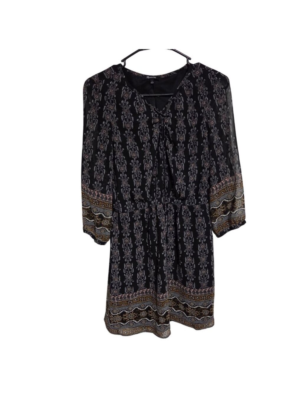 Madewell Mini Dress Size Small Black Boho Folkloric 70s Peasant Bell Sleeve